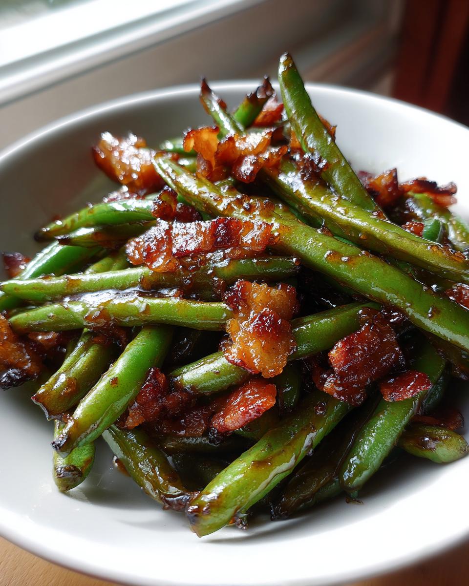 Close-up of glossy, caramelized green beans tossed with crispy bacon pieces in a white bowl.