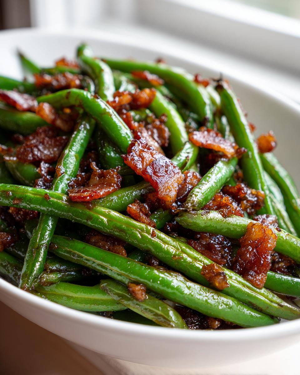 Close-up of bright green beans tossed with crispy, caramelized bacon pieces in a white bowl.
