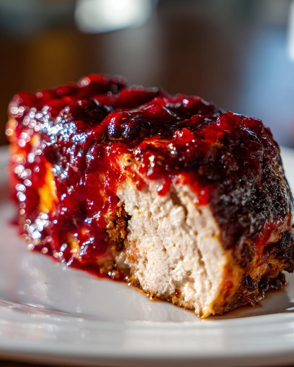 Close-up of a slice of juicy cranberry chicken topped with a thick, glossy, dark red cranberry glaze.