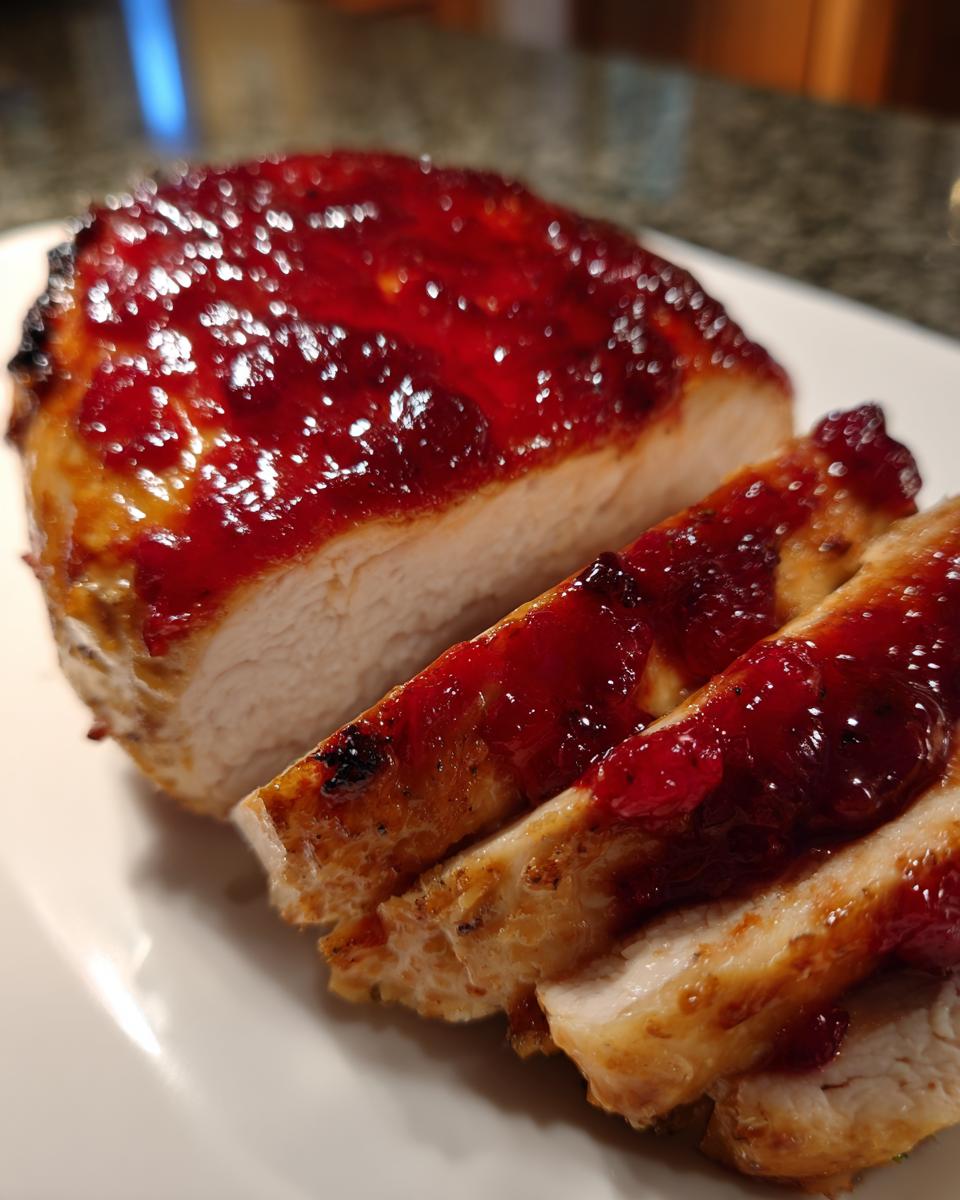 Close-up of sliced cranberry chicken breast covered in a thick, glossy red cranberry glaze.
