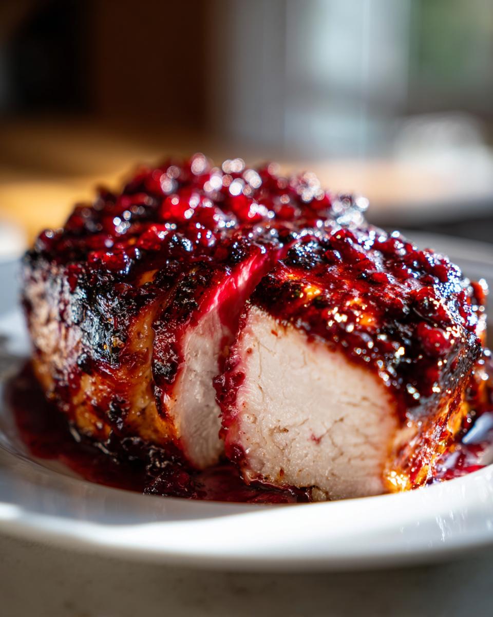 Close-up of sliced cranberry chicken breast covered in a thick, glistening cranberry sauce topping.
