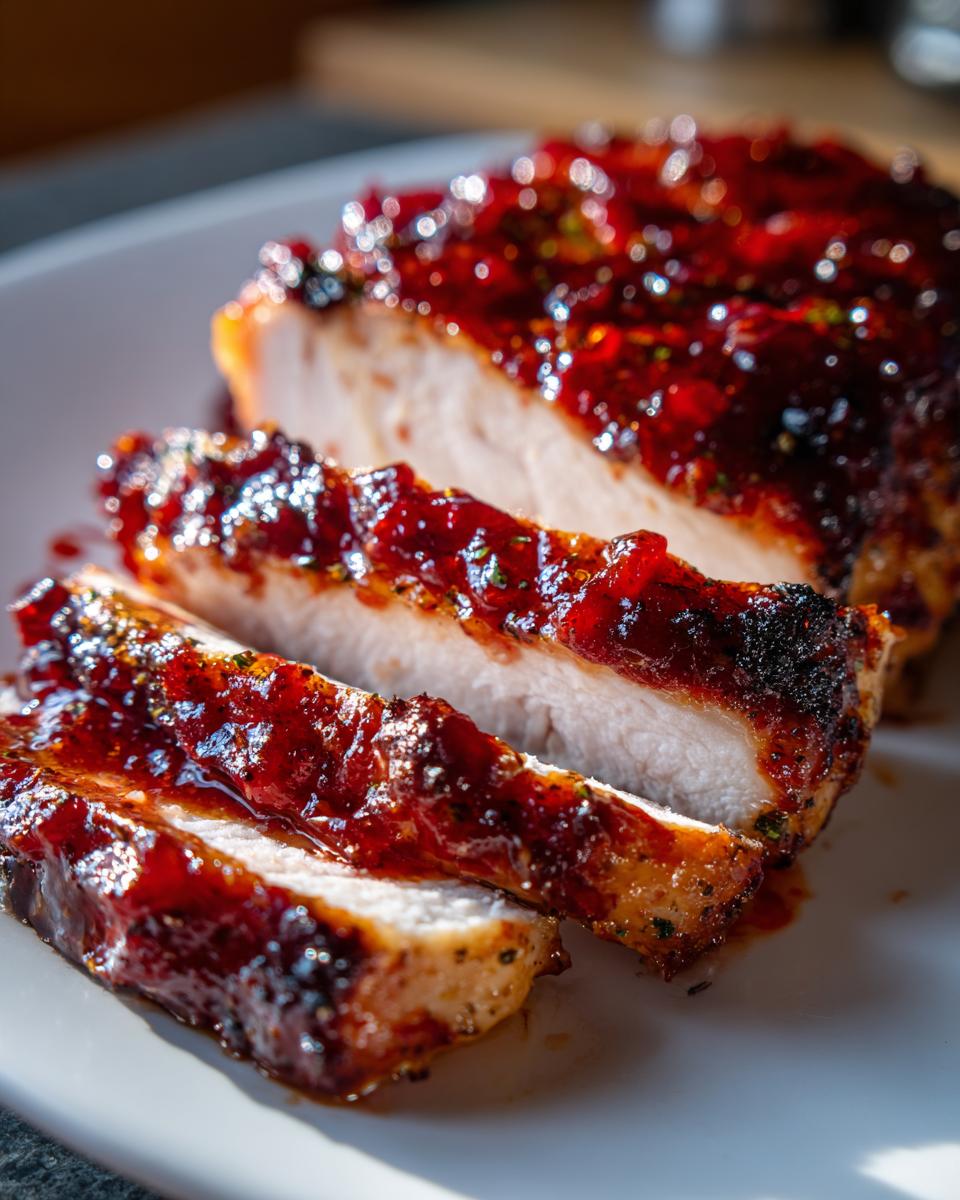 Close-up of sliced cranberry chicken breast covered in a thick, glossy red cranberry glaze.