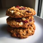 A close-up stack of three homemade cranberry oatmeal cookies featuring visible oats, dried cranberries, and white chocolate chips.