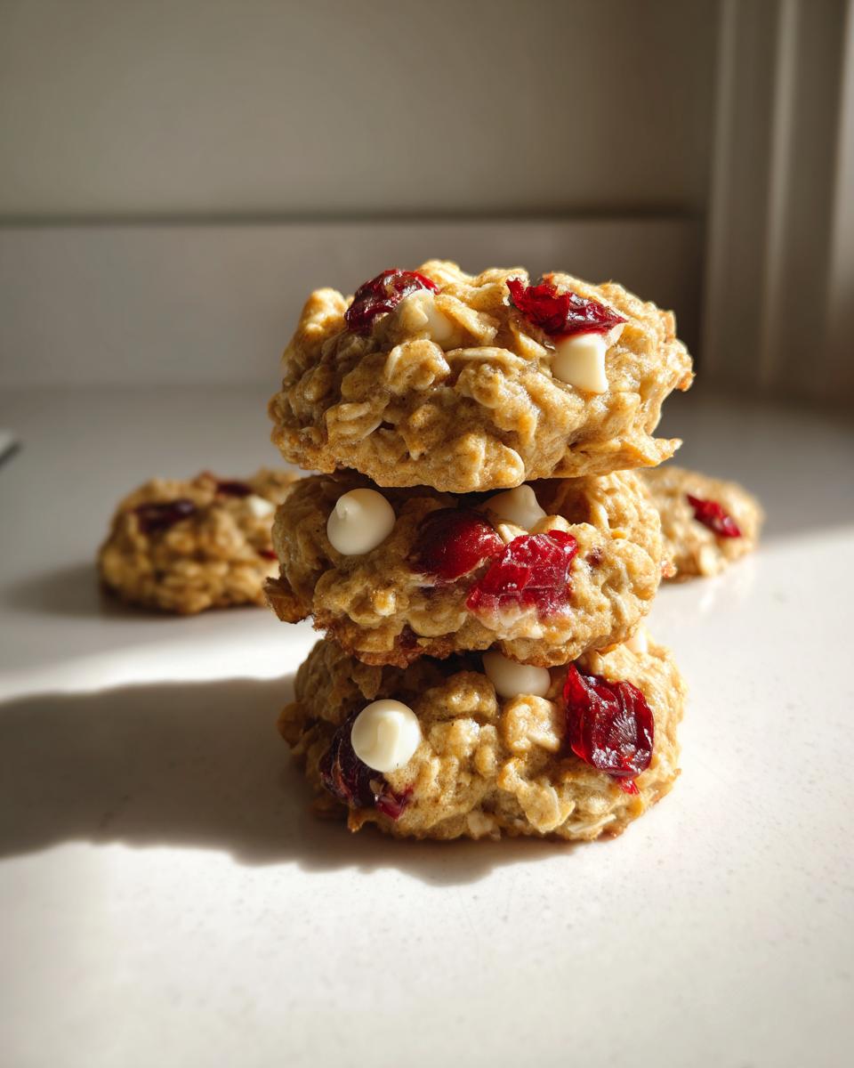 A stack of three chewy cranberry oatmeal cookies featuring visible dried cranberries and white chocolate chips.