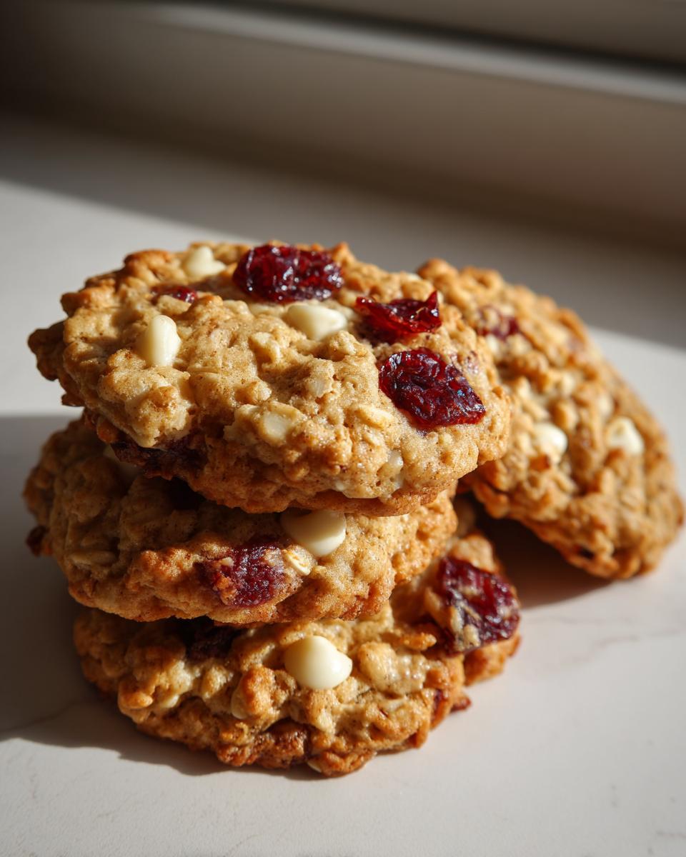 A stack of three delicious cranberry oatmeal cookies featuring white chocolate chips and dried cranberries.