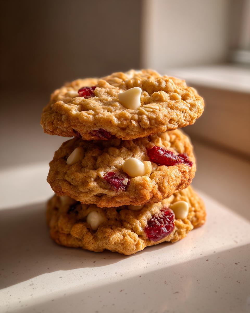 A stack of three chewy cranberry oatmeal cookies featuring visible oats, dried cranberries, and white chocolate chips.