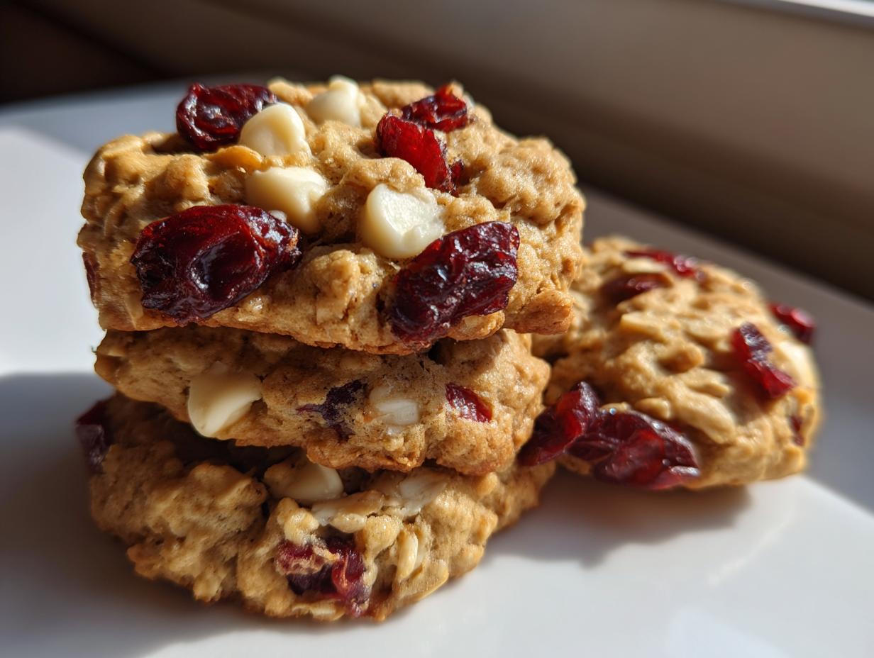 A stack of three delicious cranberry oatmeal cookies loaded with dried cranberries and white chocolate chips.