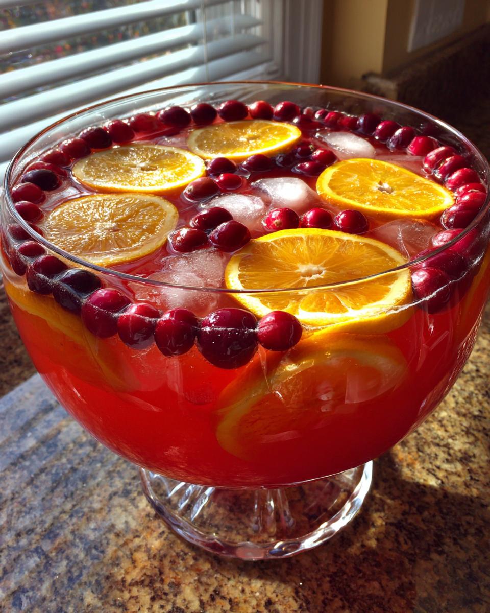 Close-up of a bright red thanksgiving punch garnished with orange slices and fresh cranberries floating with ice.