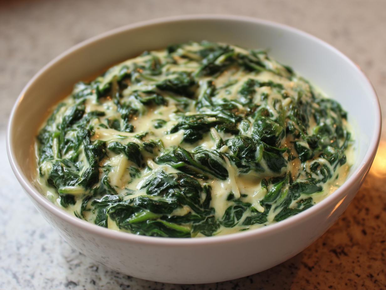 A close-up of a white bowl filled with rich, homemade creamed spinach recipe.