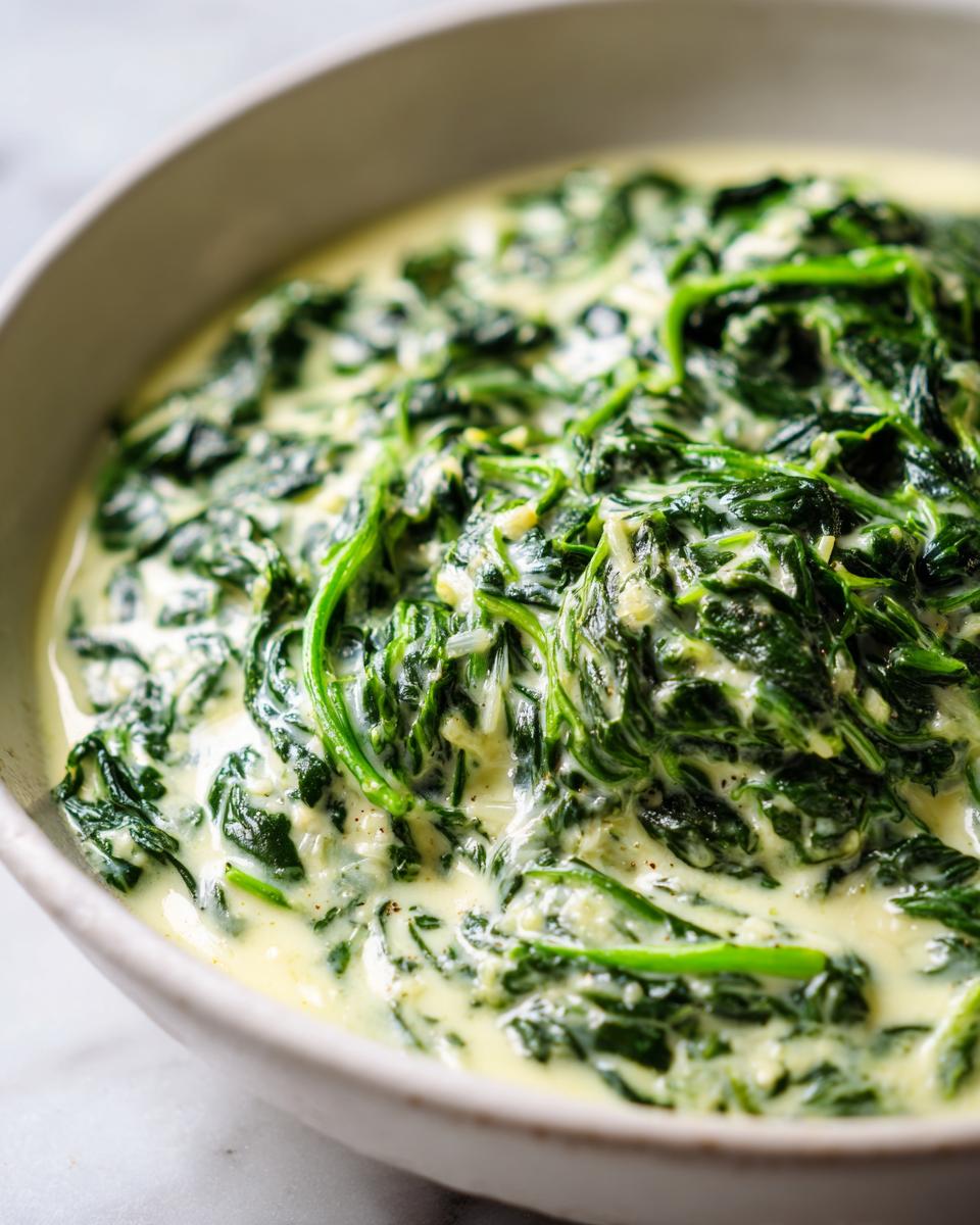 Close-up of vibrant green spinach coated in a rich, creamy sauce, perfect for a creamed spinach recipe.