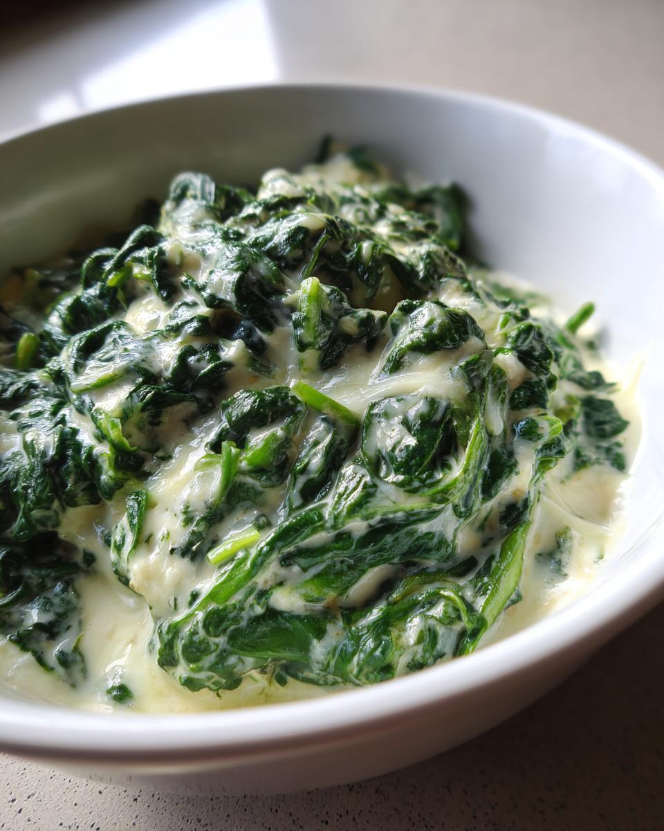 A close-up view of vibrant green spinach coated in a rich white cream sauce, ready to serve as a creamed spinach recipe side dish.