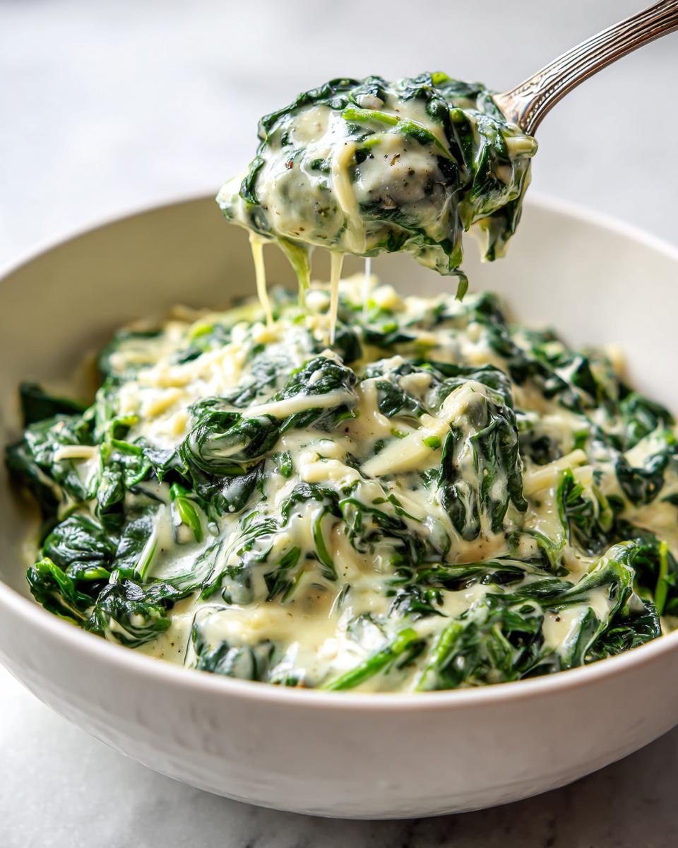 A spoonful of rich, cheesy creamed spinach recipe being lifted from a white bowl.