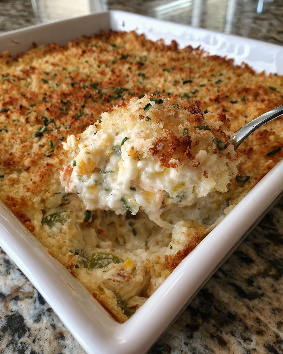 A spoonful of creamy, cheesy popper dip being lifted from a white baking dish topped with golden breadcrumbs.