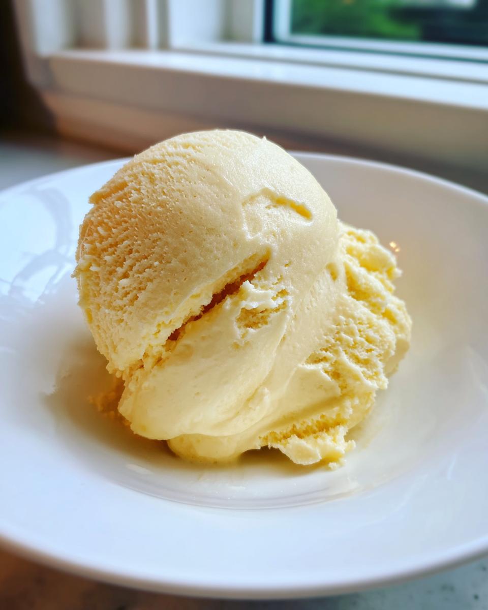 Two scoops of creamy, pale yellow banana ice cream served in a white bowl near a bright window.