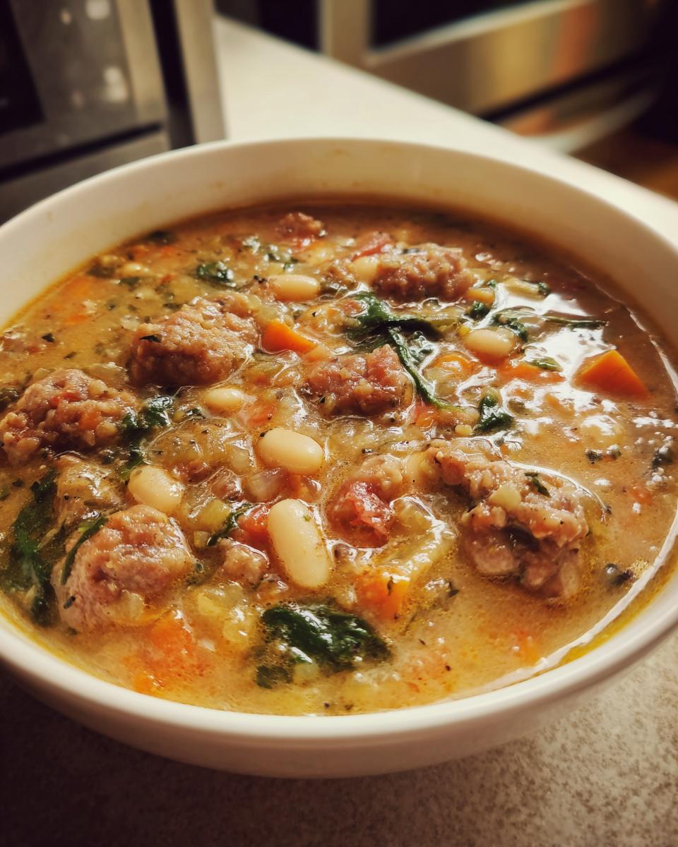 Close-up of a creamy, hearty bean soup featuring white beans, small meatballs, carrots, and spinach.