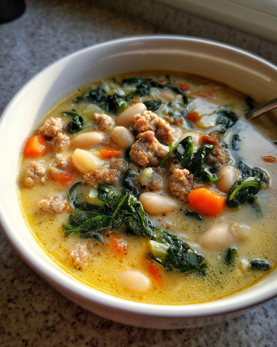 Close-up of a creamy white bean soup bowl featuring sausage, dark green spinach, and orange carrots.
