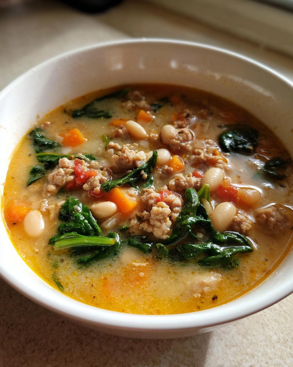 Close-up of a creamy white bean soup featuring ground meat, spinach, carrots, and tomatoes.