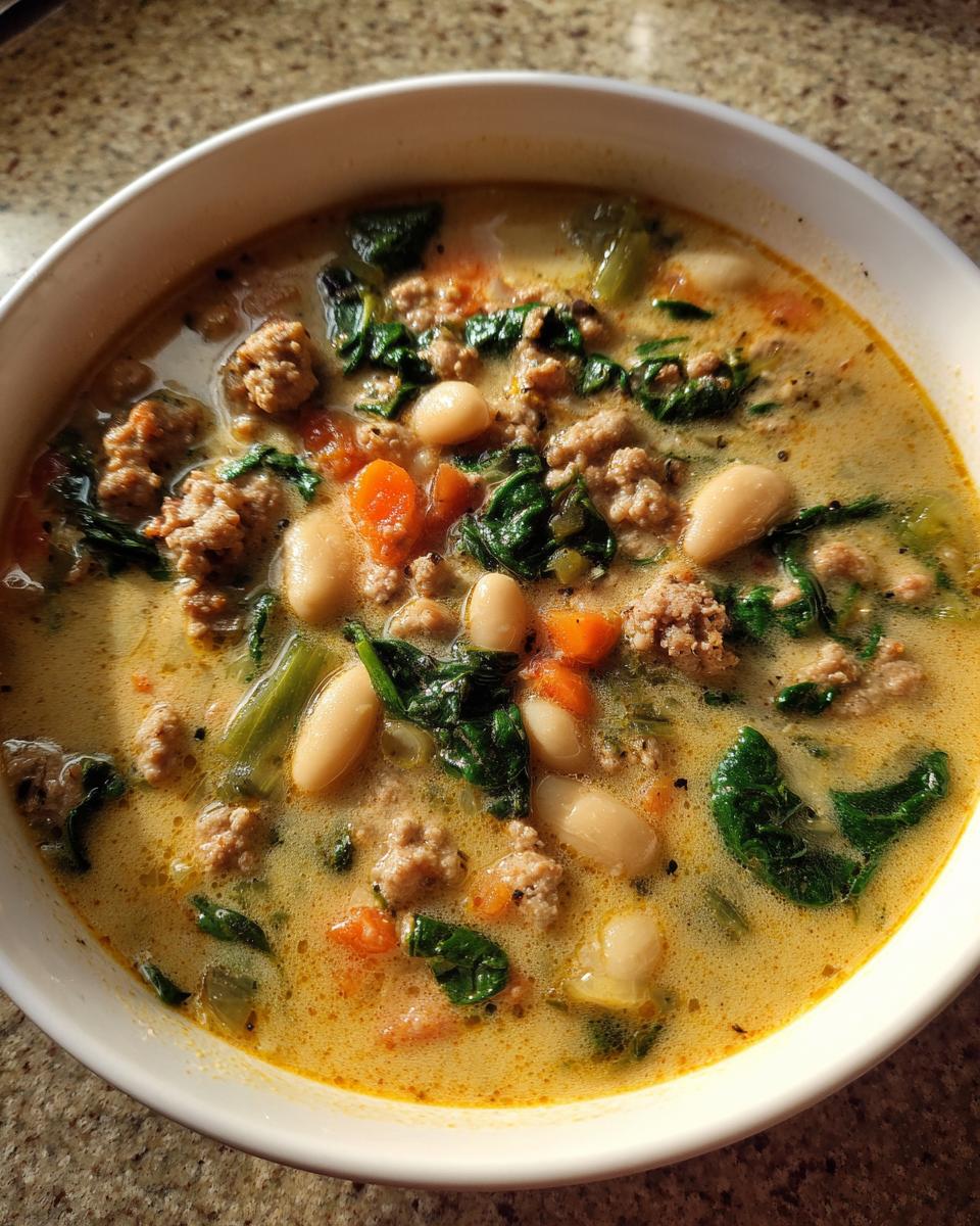 Close-up of a creamy, hearty bean soup featuring white beans, ground meat, spinach, and carrots.