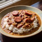 A close-up bowl of creamy beans and rice topped with slices of smoked sausage, a perfect comfort dinner.