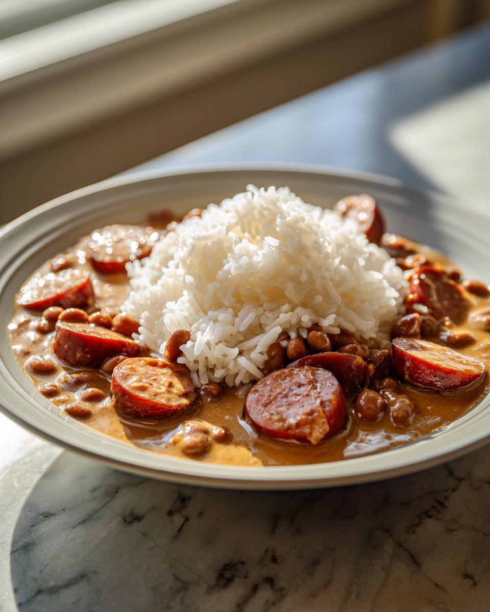 A bowl of creamy beans and rice topped with fluffy white rice and slices of smoked sausage.