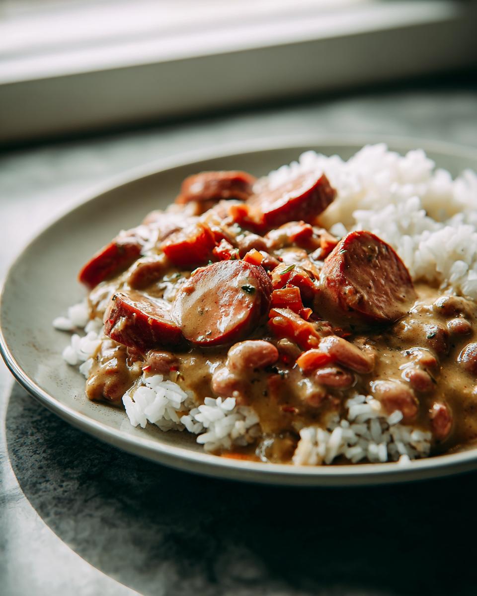 A close-up of creamy beans and rice topped with thick slices of smoked sausage.