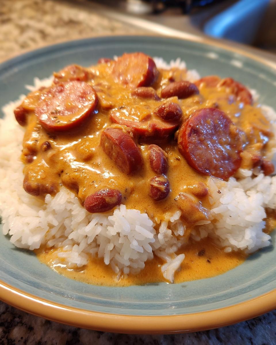 A close-up of creamy beans and rice topped with slices of smoked sausage, ready to eat.