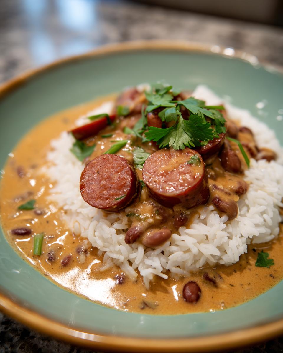 A close-up of creamy beans and rice topped with sliced smoked sausage and fresh cilantro.