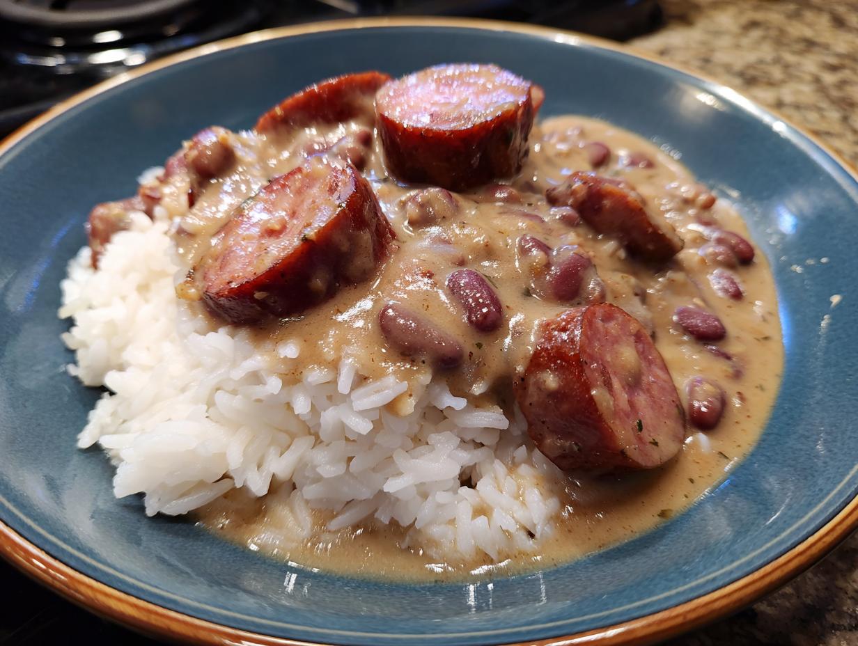A close-up of creamy beans and rice topped with thick slices of smoked sausage in a blue bowl.