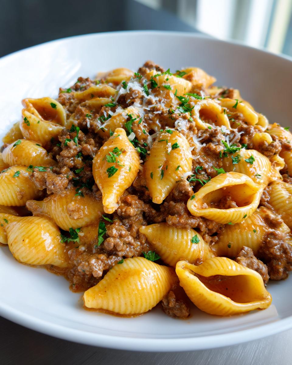 A close-up of a white bowl filled with creamy beef pasta made with shell noodles, topped with grated cheese and fresh parsley.