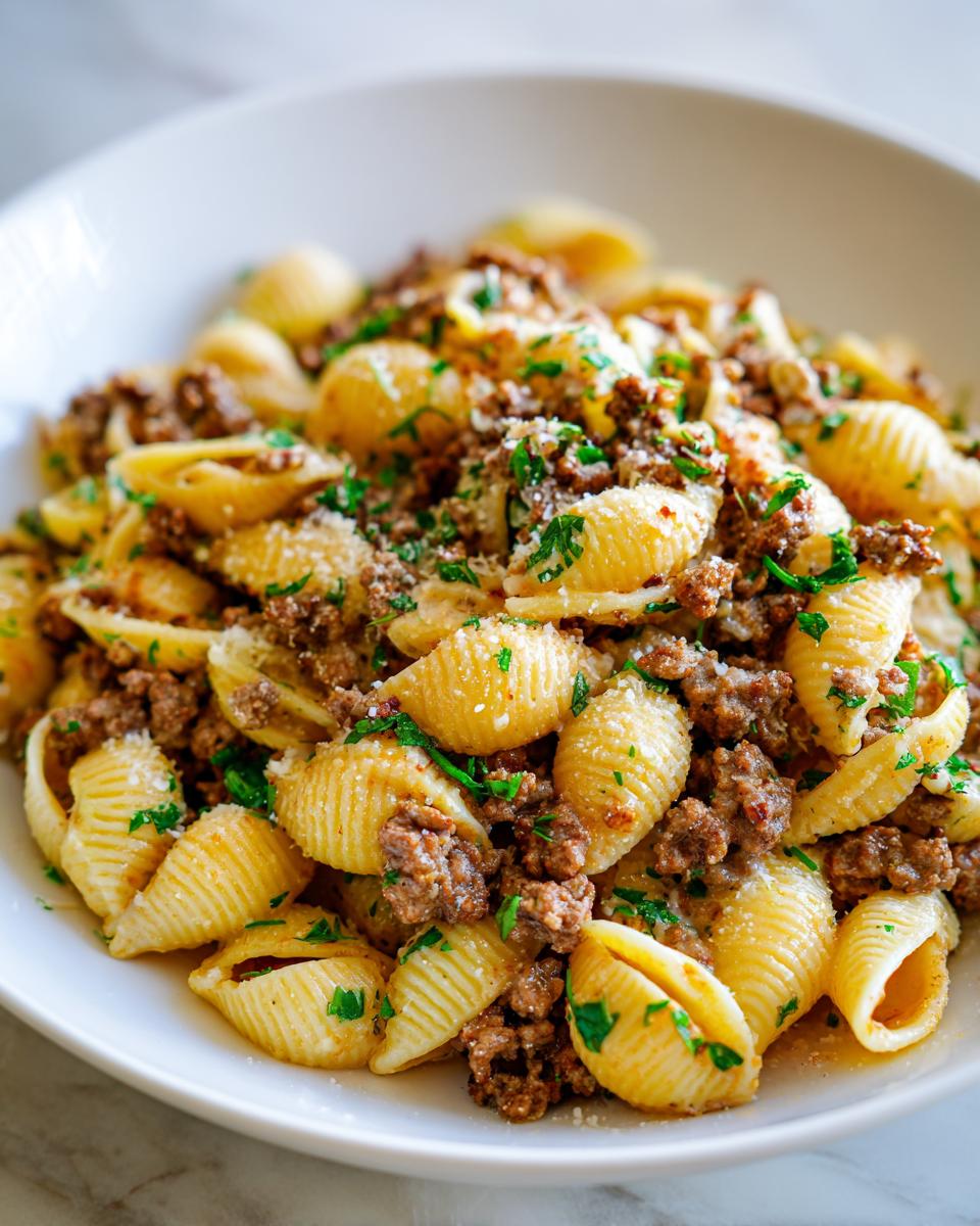 A close-up shot of creamy beef pasta made with shell-shaped pasta, ground beef, and topped with parsley and Parmesan cheese.