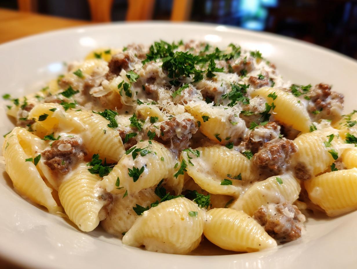 A close-up shot of shell pasta coated in a rich, creamy sauce with ground beef, topped with Parmesan and fresh parsley, showcasing the creamy beef pasta.