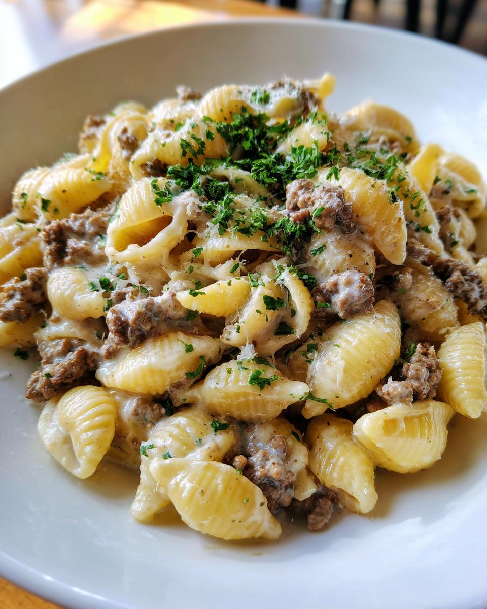 A close-up bowl of creamy beef pasta made with shell-shaped noodles, ground beef, and topped with fresh parsley.