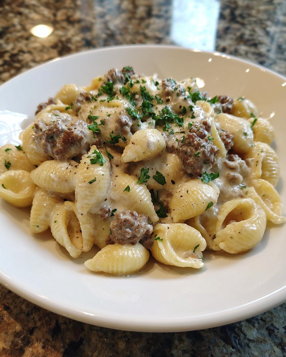 Close-up of creamy beef pasta made with shell pasta, ground beef, and a white sauce, topped with parsley.