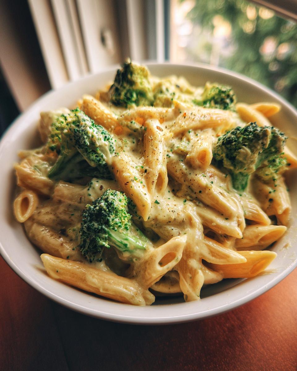 Close-up of a white bowl filled with creamy broccoli pasta, featuring penne noodles coated in a rich sauce and topped with fresh broccoli florets.