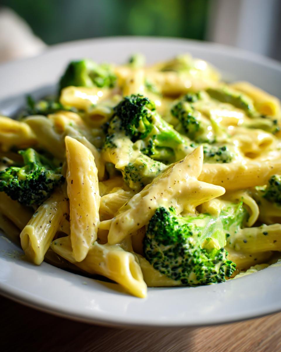 A close-up shot of creamy broccoli pasta featuring penne noodles coated in a rich, cheesy sauce with bright green broccoli florets.