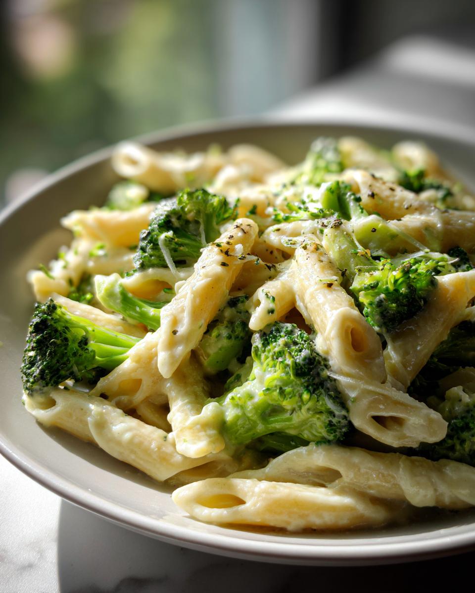 Close-up of creamy broccoli pasta made with penne, bright green florets, and topped with herbs.