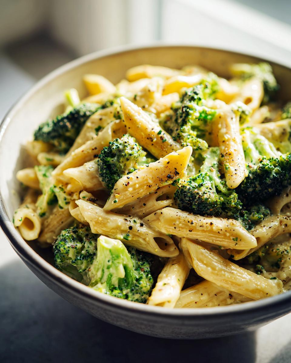 Close-up of creamy broccoli pasta made with penne, coated in a light sauce and topped with cracked black pepper.