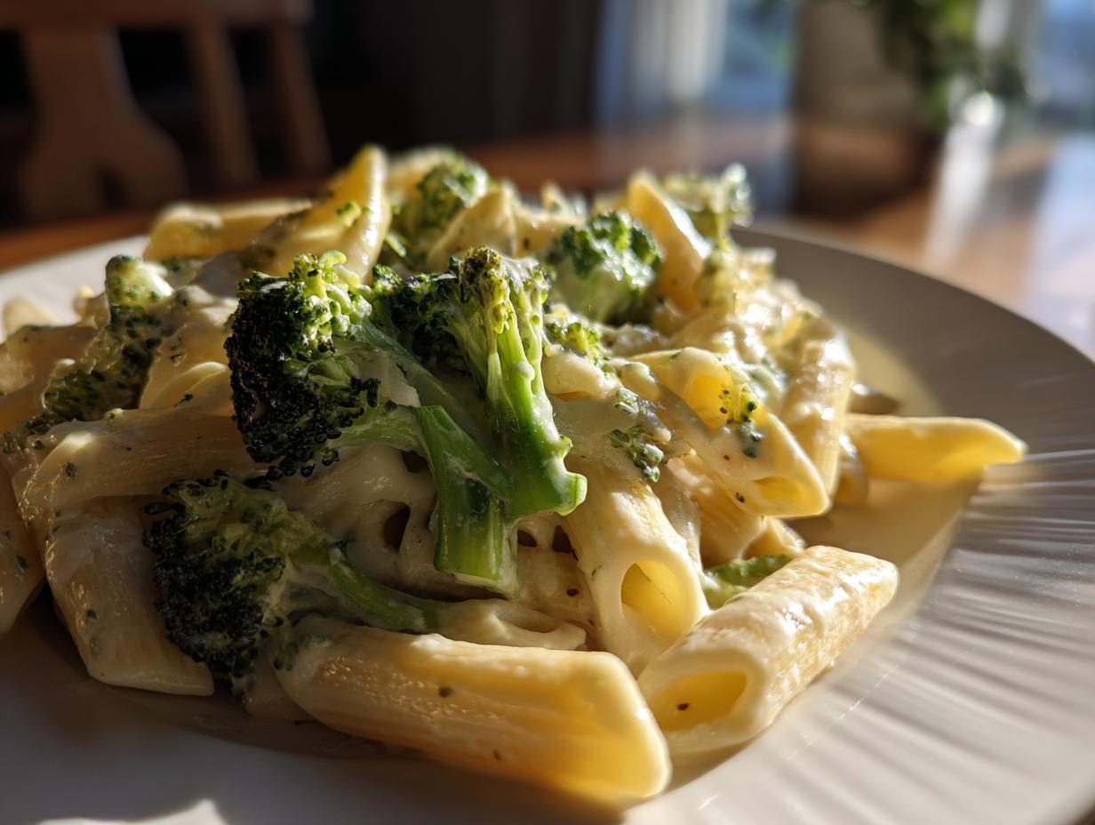 Close-up of creamy broccoli pasta featuring penne tubes coated in a rich white sauce and topped with bright green broccoli florets.