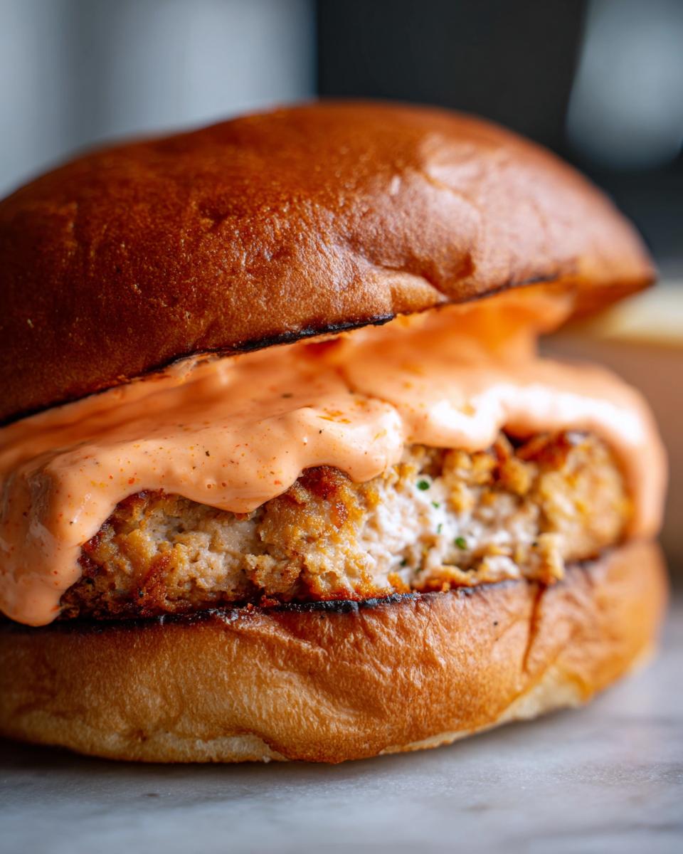 Close-up of a toasted brioche bun burger patty generously topped with creamy orange burger sauce.