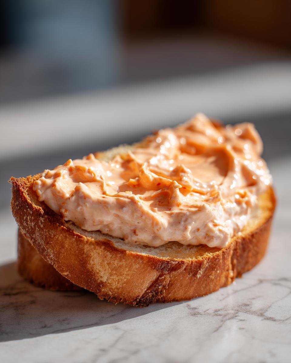 Close-up of creamy, orange-hued burger sauce generously spread on a thick slice of toasted bread.