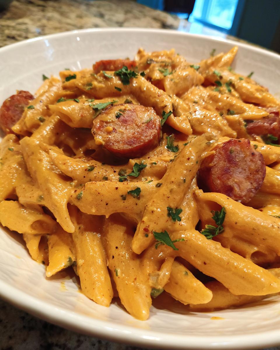 Close-up of creamy Cajun sausage pasta featuring penne coated in an orange sauce with sliced sausage and parsley.