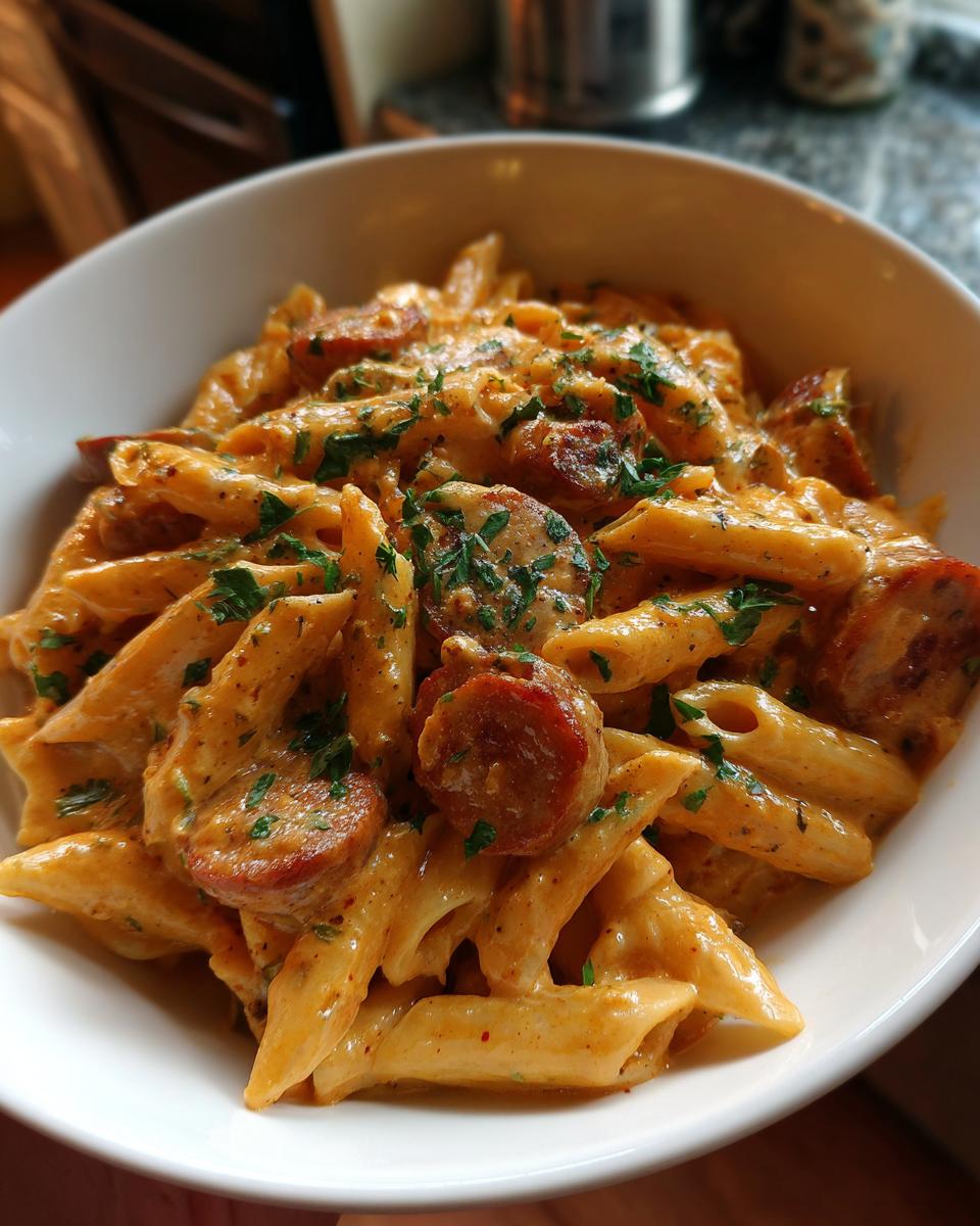 Close-up of creamy cajun sausage pasta featuring penne noodles and sliced sausage, garnished with parsley.