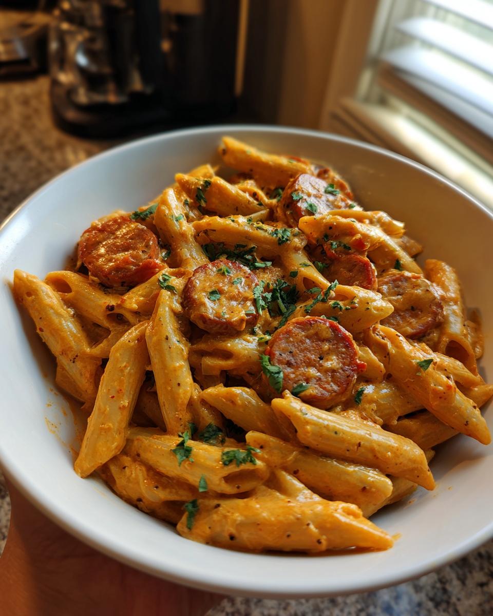 A close-up of creamy cajun sausage pasta featuring penne noodles and sliced sausage, garnished with parsley.