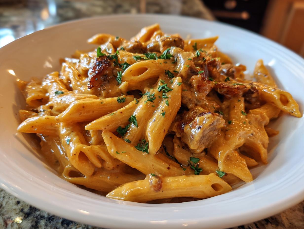 Close-up of creamy cajun sausage pasta featuring penne noodles coated in an orange sauce and topped with sausage chunks and parsley.