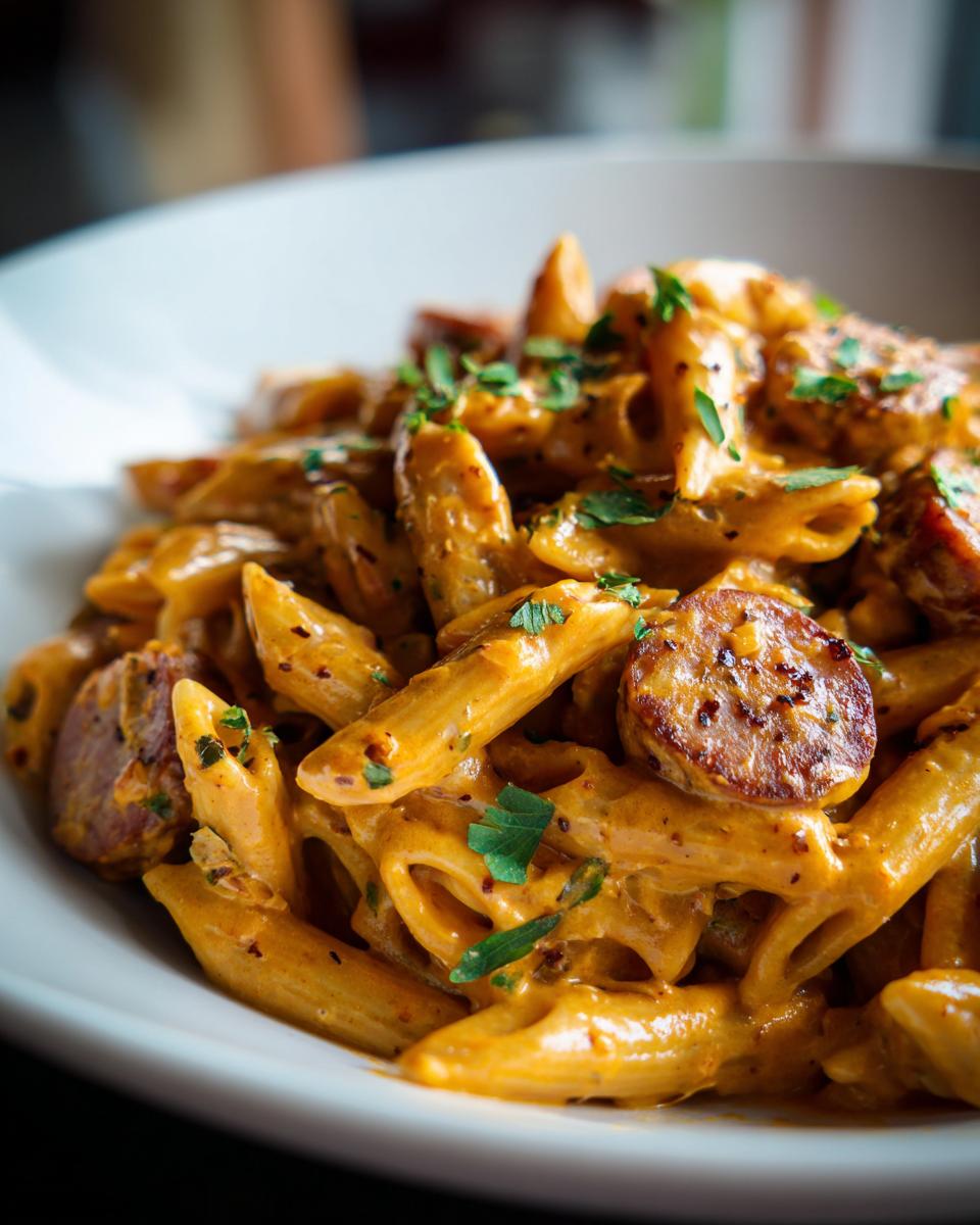 Close-up of creamy cajun sausage pasta featuring penne coated in an orange sauce and topped with sliced sausage and parsley.