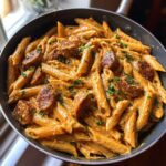 Close-up of creamy cajun sausage pasta with penne noodles and sliced sausage in a dark skillet.