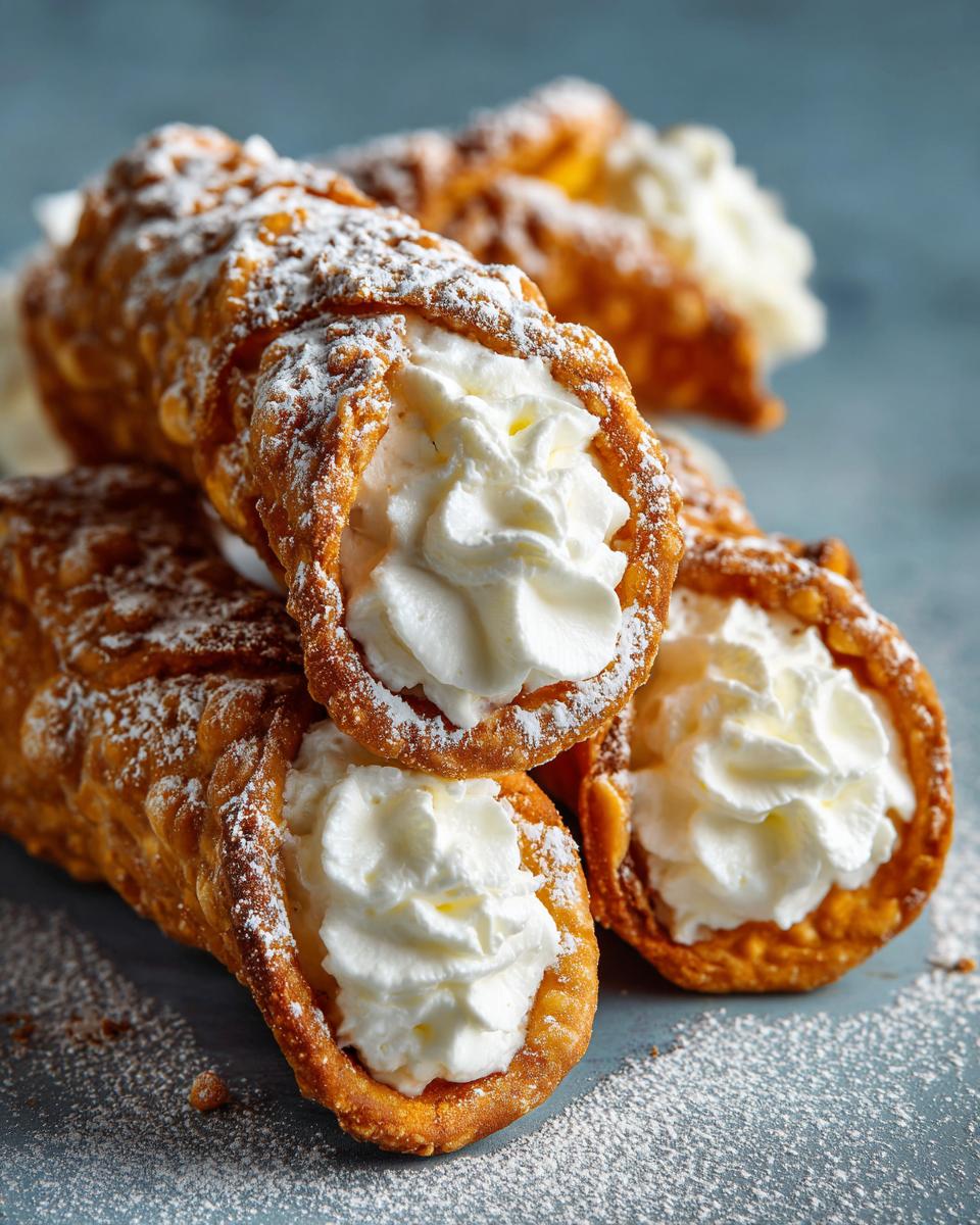 Close-up of several golden, fried cannoli shells generously filled with white ricotta cream and dusted with powdered sugar.