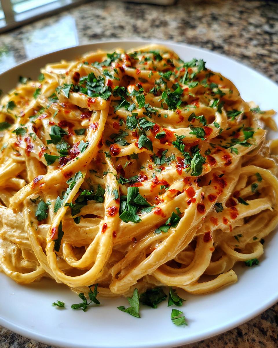 Close-up of creamy, rich caramelized onion pasta tossed in sauce and garnished with fresh parsley and chili flakes.