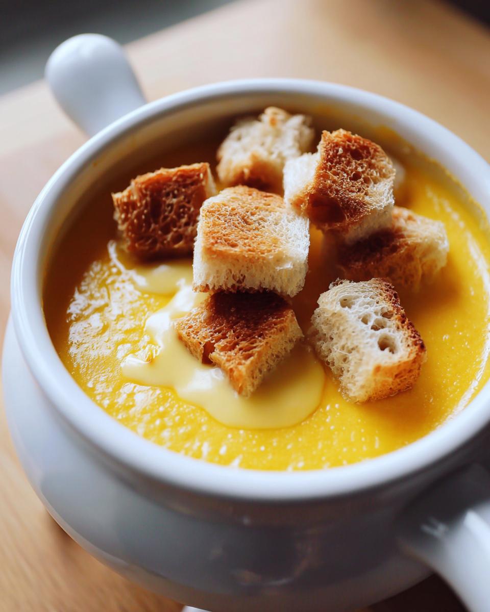 Close-up of creamy yellow cheese fondue topped with toasted bread croutons served in a white handled bowl.