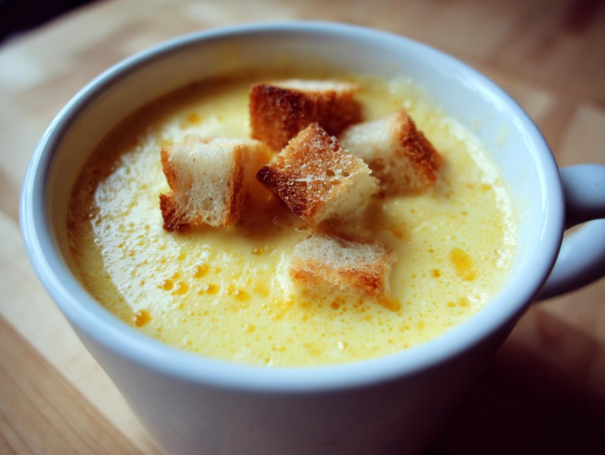 Close-up of creamy yellow cheese fondue served in a white mug, topped with toasted bread cubes.